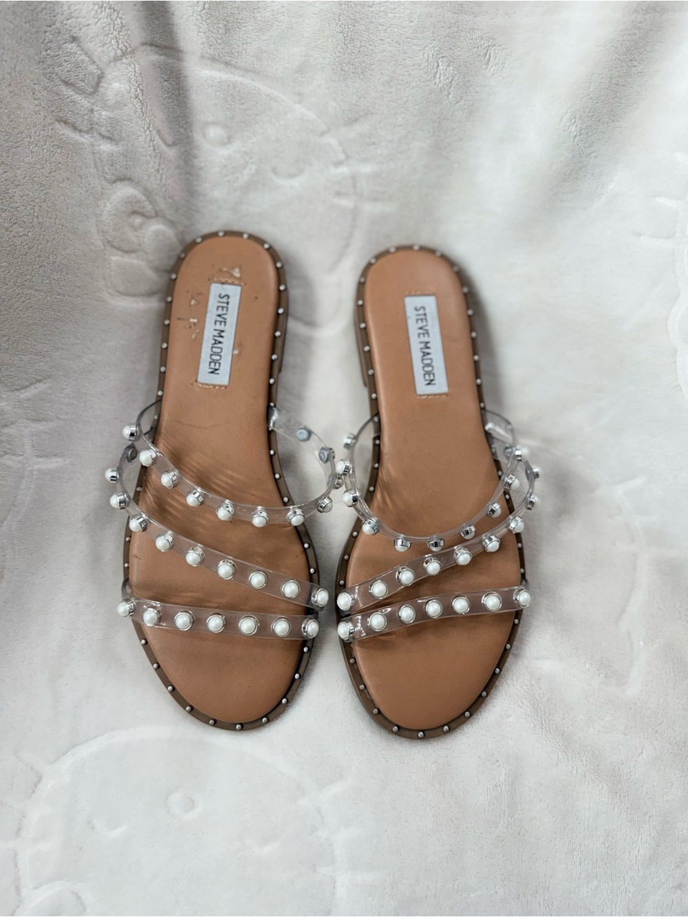 Steve Madden Tan Footbed Clear Strap Pearl Sandals